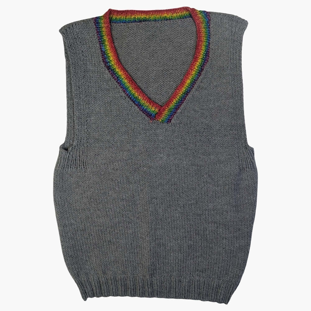 Vintage Hand Knit Sweater Vest With Rainbow Trim | Unisex